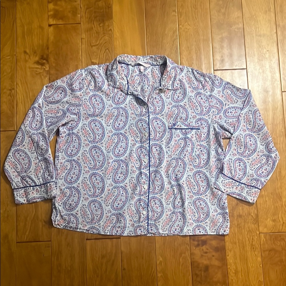Victoria's Secret Blue and Pink Paisley Pajama Top Size L Boho Button Down